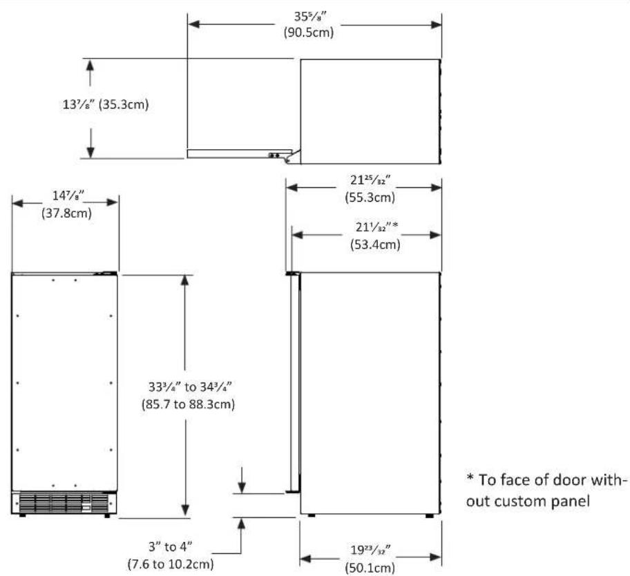 35½" (90.5cm) 13½" (35.3cm) 14½" (37.8cm) 21½/32" (55.3cm) 21½"* (53.4cm) 33¾" to 34¾" (85.7 to 88.3cm) 3" to 4" (7.6 to 10.2cm) 19½/32" (50.1cm) * To face of door without custom panel