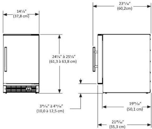 14½" (37,8 cm) 24½" à 25½" (61,3 à 63,8 cm) 3½/½" à 4½/½" (10,0 à 12,5 cm) 23½/½" (60,2cm) 19²³/³²" (50,1 cm) 21²⁵/³²" (55,3 cm)