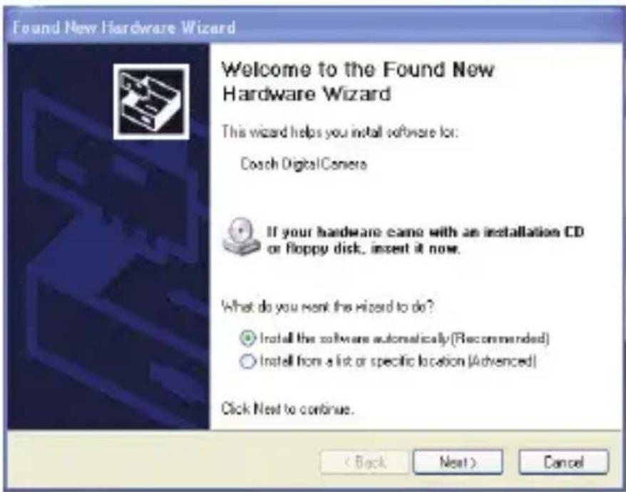 Found New Hardware Wizard Welcome to the Found New Hardware Wizard This wizard helps you install software for: Coach DigitalCamera If your hardware came with an installation CD or floppy disk, insert it now. What do you want the wizard to do? Install the software automatically (Recommended) Install from a list or specific location (Advanced) Click Next to continue. < Back Next > Cancel
