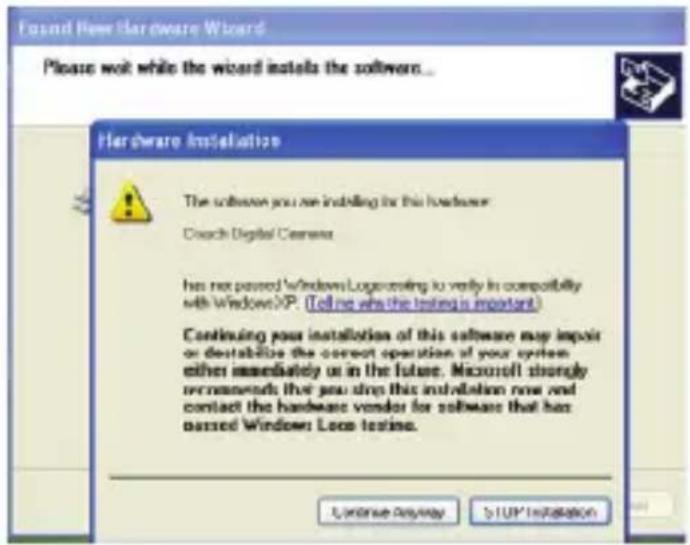 Found New Hardware Wizard Please not while the wizard installs the software... Hardware Installation The software you are installing for this hardware: Coach Digital Camera has not passed Windows Log Counting to verify in compatibility with Windows XP. (Tell me who the testing is important.) Continuing your installation of this software may impair or destabilize the correct operation of your system either immediately or in the future. Microsoft strongly recommends that you drop this installation now and contact the hardware vendor for software that has passed Windows Local Testing. License Anyway S TUP Installation