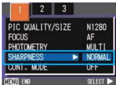 PIC QUALITY/SIZE N1280 FOCUS AF PHOTOMETRY MULTI SHARPNESS NORMAL CONT. MODE OFF MENU END SELECT ►
