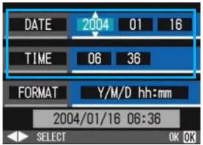 DATE 2004 01 16 TIME 06 36 FORMAT Y/M/D hh:mm 2004/01/16 06:36 SELECT OK OK