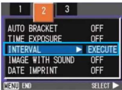 AUTO BRACKET OFF TIME EXPOSURE OFF INTERVAL EXECUTE IMAGE WITH SOUND OFF DATE IMPRINT OFF MENU END SELECT ►