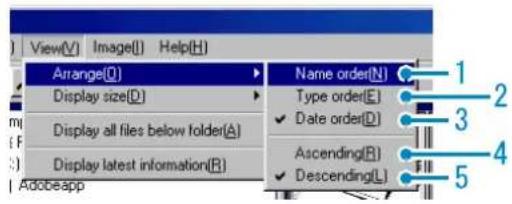 View(V) Image(I) Help(H) Arrange(D) Display size(D) Display all files below folder(A) Display latest information(R) Name order(N) Type order(E) Date order(D) Ascending(R) Descending(L) 1 2 3 4 5 Adobeapp