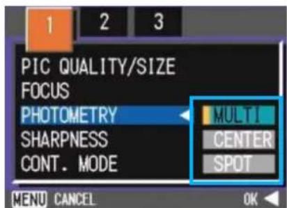 PIC QUALITY/SIZE FOCUS PHOTOMETRY SHARPNESS CONT. MODE MULTI CENTER SPOT MENU CANCEL OK