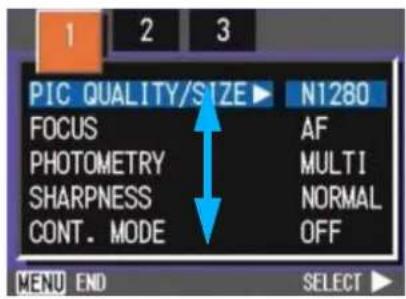 PIC QUALITY/SIZE ▶ N1280 FOCUS PHOTOMETRY SHARPNESS CONT. MODE AF MULTI NORMAL OFF MENU END SELECT ▶