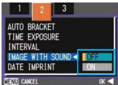 AUTO BRACKET TIME EXPOSURE INTERVAL IMAGE WITH SOUND DATE IMPRINT OFF ON MENU CANCEL OK