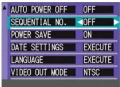AUTO POWER OFF OFF SEQUENTIAL NO. OFF POWER SAVE ON DATE SETTINGS EXECUTE LANGUAGE EXECUTE VIDEO OUT MODE NTSC