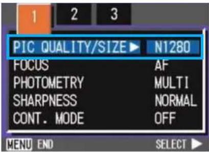 PIC QUALITY/SIZE ▶ N1280 FOCUS AF PHOTOMETRY MULTI SHARPNESS NORMAL CONT. MODE OFF MENU END SELECT ▶