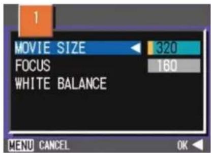 MOVIE SIZE 320 FOCUS 160 WHITE BALANCE MENU CANCEL OK