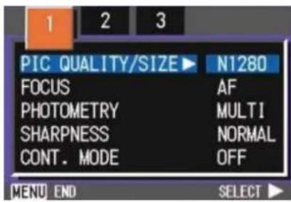 PIC QUALITY/SIZE ▶ N1280 FOCUS AF PHOTOMETRY MULTI SHARPNESS NORMAL CONT. MODE OFF MENU END SELECT ▶