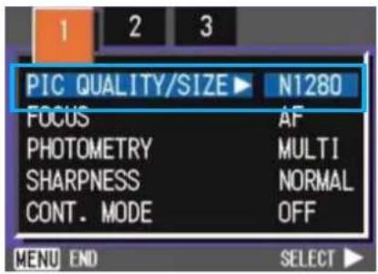 PIC QUALITY/SIZE ▶ N1280 FOCUS AF PHOTOMETRY MULTI SHARPNESS NORMAL CONT. MODE OFF MENU END SELECT ▶