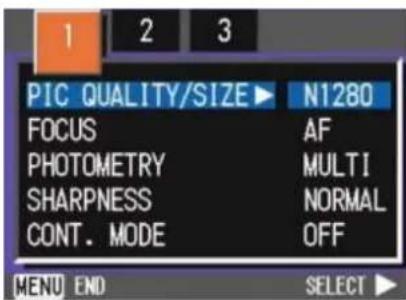 PIC QUALITY/SIZE ▶ N1280 FOCUS AF PHOTOMETRY MULTI SHARPNESS NORMAL CONT. MODE OFF MENU END SELECT ▶
