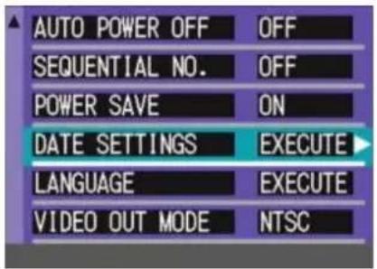 AUTO POWER OFF OFF SEQUENTIAL NO. OFF POWER SAVE ON DATE SETTINGS EXECUTE LANGUAGE EXECUTE VIDEO OUT MODE NTSC