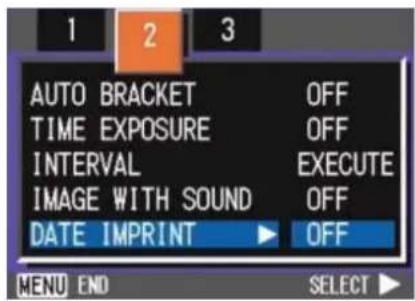 AUTO BRACKET OFF TIME EXPOSURE OFF INTERVAL EXECUTE IMAGE WITH SOUND OFF DATE IMPRINT OFF MENU END SELECT