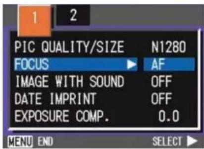 PIC QUALITY/SIZE N1280 FOCUS AF IMAGE WITH SOUND OFF DATE IMPRINT OFF EXPOSURE COMP. 0.0 MENU END SELECT ►