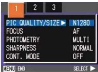 PIC QUALITY/SIZE ▶ N1280 FOCUS AF PHOTOMETRY MULTI SHARPNESS NORMAL CONT. MODE OFF MENU END SELECT ▶