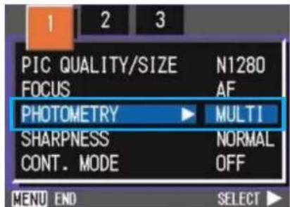 PIC QUALITY/SIZE N1280 FOCUS AF PHOTOMETRY MULTI SHARPNESS NORMAL CONT. MODE OFF MENU END SELECT ►