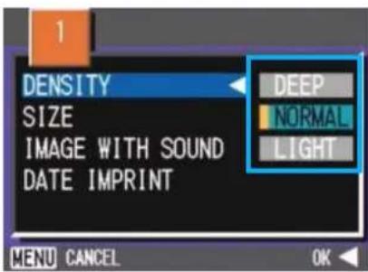 1 DENSITY SIZE IMAGE WITH SOUND DATE IMPRINT DEEP NORMAL LIGHT MENU CANCEL OK