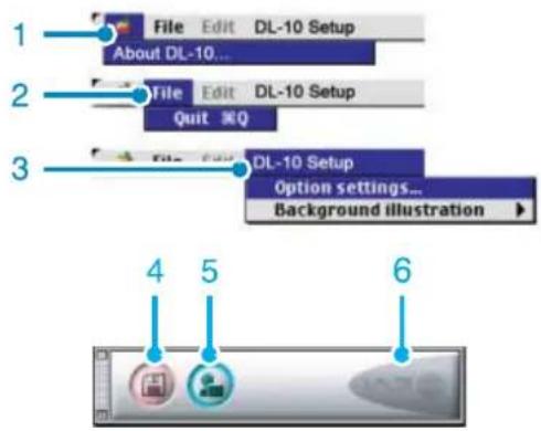1 File Edit DL-10 Setup About DL-10... 2 File Edit DL-10 Setup Quit 美Q 3 File Edit DL-10 Setup Option settings... Background illustration ▶ 4 5 6