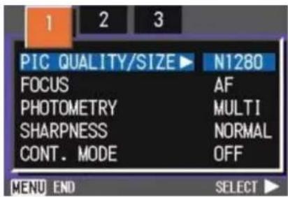 PIC QUALITY/SIZE ▶ N1280 FOCUS AF PHOTOMETRY MULTI SHARPNESS NORMAL CONT. MODE OFF MENU END SELECT ▶
