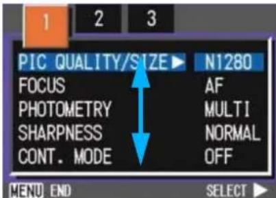 PIC QUALITY/SIZE ▶ N1280 FOCUS AF PHOTOMETRY MULTI SHARPNESS NORMAL CONT. MODE OFF MENU END SELECT ▶
