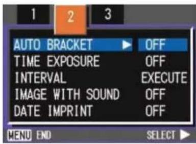 AUTO BRACKET OFF TIME EXPOSURE OFF INTERVAL EXECUTE IMAGE WITH SOUND OFF DATE IMPRINT OFF MENU END SELECT