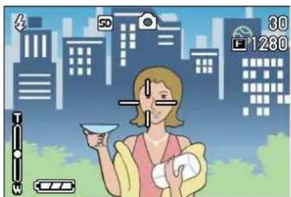 Illustration of a woman holding a megaphone with city skyline background, showing camera settings and UI icons