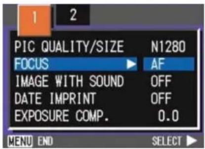 PIC QUALITY/SIZE N1280 FOCUS AF IMAGE WITH SOUND OFF DATE IMPRINT OFF EXPOSURE COMP. 0.0 MENU END SELECT ►