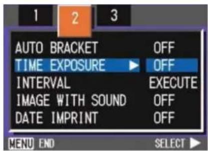 AUTO BRACKET OFF TIME EXPOSURE OFF INTERVAL EXECUTE IMAGE WITH SOUND OFF DATE IMPRINT OFF MENU END SELECT ►