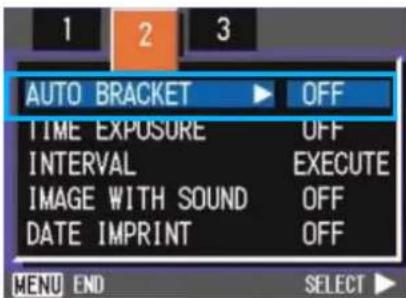AUTO BRACKET OFF TIME EXPOSURE OFF INTERVAL EXECUTE IMAGE WITH SOUND OFF DATE IMPRINT OFF MENU END SELECT ►