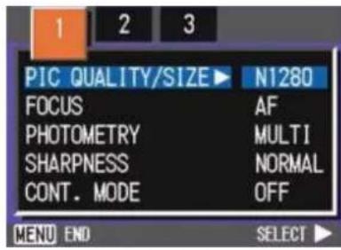 PIC QUALITY/SIZE ▶ N1280 FOCUS AF PHOTOMETRY MULTI SHARPNESS NORMAL CONT. MODE OFF MENU END SELECT ▶