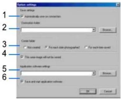 Option settings Save settings □ Advancedally save on connection Connection folder Browse... Custom folder □ Not created □ For each data photographed □ For each time saved □ Free case image will not be saved. Application software settings Browse... □ Save and start application software OK Cancel