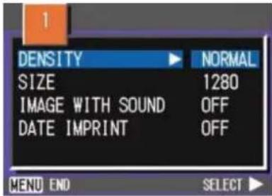 1 DENSITY ▶ NORMAL SIZE 1280 IMAGE WITH SOUND OFF DATE IMPRINT OFF MENU END SELECT ▶