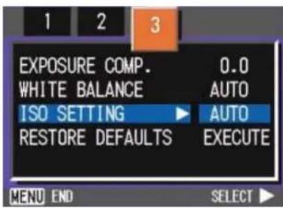 1 2 3 EXPOSURE COMP. 0.0 WHITE BALANCE AUTO ISO SETTING AUTO RESTORE DEFAULTS EXECUTE MENU END SELECT