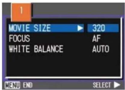 1 MOVIE SIZE 320 FOCUS AF WHITE BALANCE AUTO MENU END SELECT