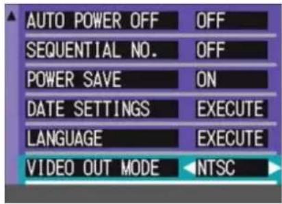 AUTO POWER OFF OFF SEQUENTIAL NO. OFF POWER SAVE ON DATE SETTINGS EXECUTE LANGUAGE EXECUTE VIDEO OUT MODE NTSC