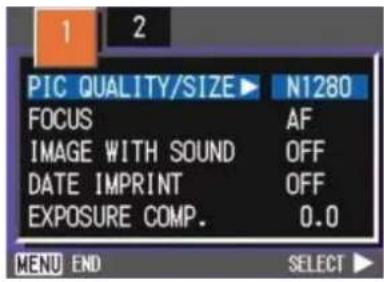 PIC QUALITY/SIZE ▶ N1280 FOCUS AF IMAGE WITH SOUND OFF DATE IMPRINT OFF EXPOSURE COMP. 0.0 MENU END SELECT ▶