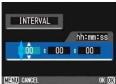 INTERVAL hh:mm:ss 00 : 00 : 00 MENU CANCEL OK OK
