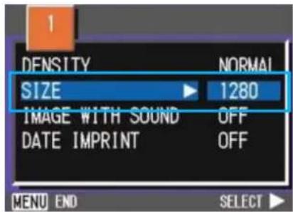 1 DENSITY NORMAL SIZE 1280 IMAGE WITH SOUND OFF DATE IMPRINT OFF MENU END SELECT ►