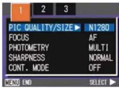 PIC QUALITY/SIZE ▶ N1280 FOCUS AF PHOTOMETRY MULTI SHARPNESS NORMAL CONT. MODE OFF MENU END SELECT ▶