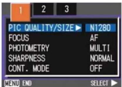 PIC QUALITY/SIZE ▶ N1280 FOCUS AF PHOTOMETRY MULTI SHARPNESS NORMAL CONT. MODE OFF MENU END SELECT ▶