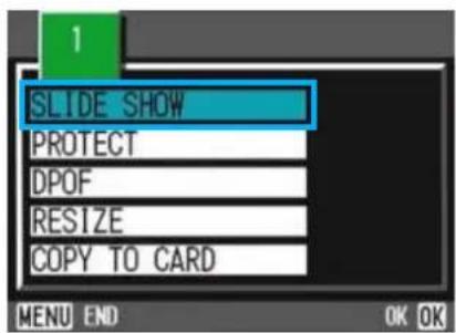 1 SLIDE SHOW PROTECT DPOF RESIZE COPY TO CARD MENU END OK OK