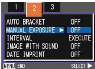 AUTO BRACKET OFF MANUAL EXPOSURE ▶ OFF INTERVAL EXECUTE IMAGE WITH SOUND OFF DATE IMPRINT OFF MENU END SELECT ►