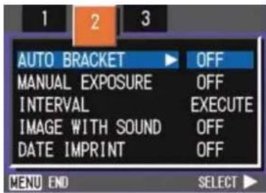 AUTO BRACKET OFF MANUAL EXPOSURE OFF INTERVAL EXECUTE IMAGE WITH SOUND OFF DATE IMPRINT OFF MENU END SELECT