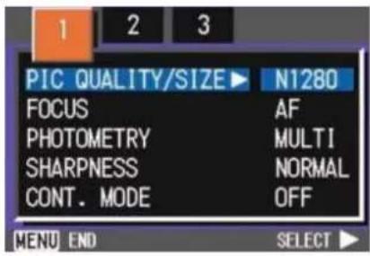 PIC QUALITY/SIZE ▶ N1280 FOCUS AF PHOTOMETRY MULTI SHARPNESS NORMAL CONT. MODE OFF MENU END SELECT ▶