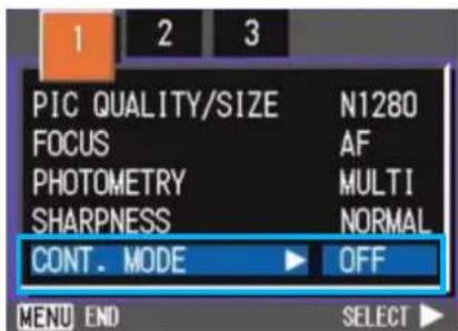PIC QUALITY/SIZE N1280 FOCUS AF PHOTOMETRY MULTI SHARPNESS NORMAL CONT. MODE OFF MENU END SELECT ►