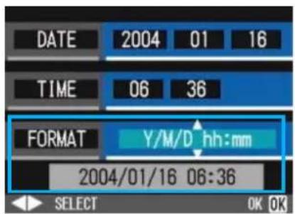 DATE 2004 01 16 TIME 06 36 FORMAT Y/M/D hh:mm 2004/01/16 06:36 SELECT OK OK