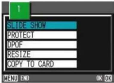 1 SLIDE SHOW PROTECT DPOF RESIZE COPY TO CARD MENU END OK OK