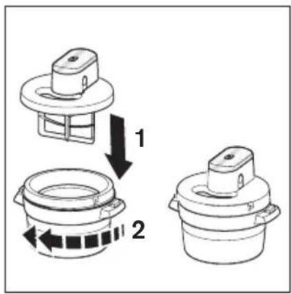 Diagram showing three steps of a mechanical component with labeled parts and directional arrows